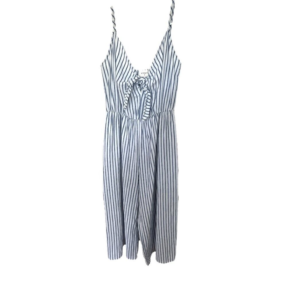 Women's Nautical White Blue Pinstripe Wide Leg Cropped Jumpsuit Front Knot Small